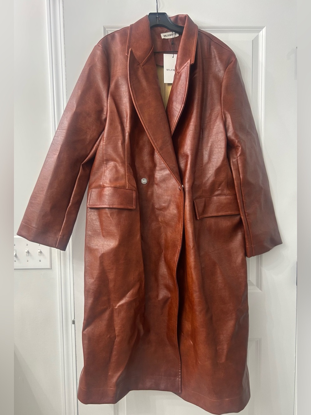 Women Milkwhite copper brown leather trench coat